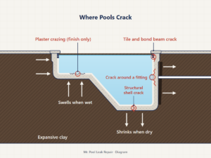 Diagram of a gunite pool in clay showing plaster crazing, a shell crack, a tile and bond beam crack, and a fitting crack