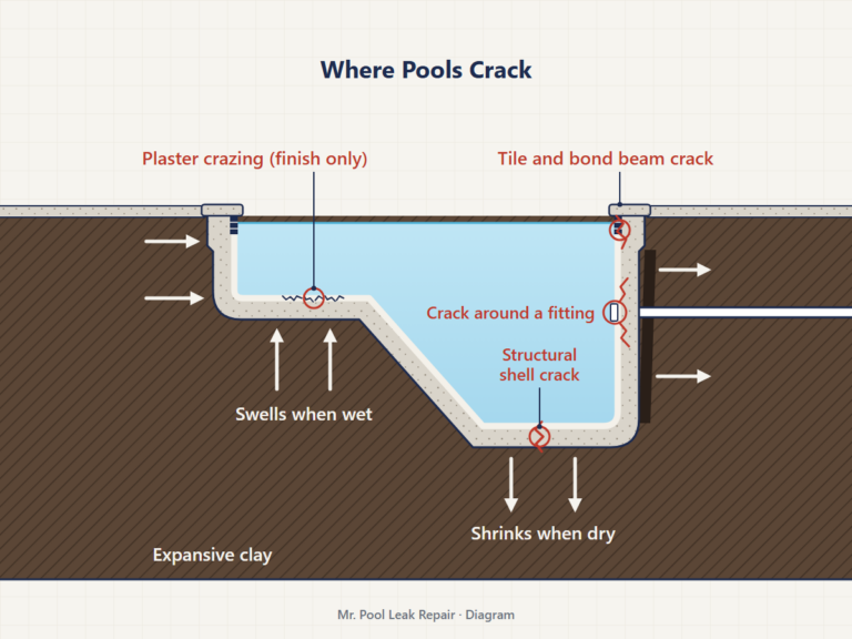 Diagram of a gunite pool in clay showing plaster crazing, a shell crack, a tile and bond beam crack, and a fitting crack